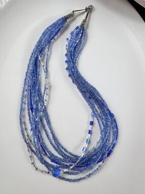 925 Blue Glass Beaded Tassel Necklace Pendant